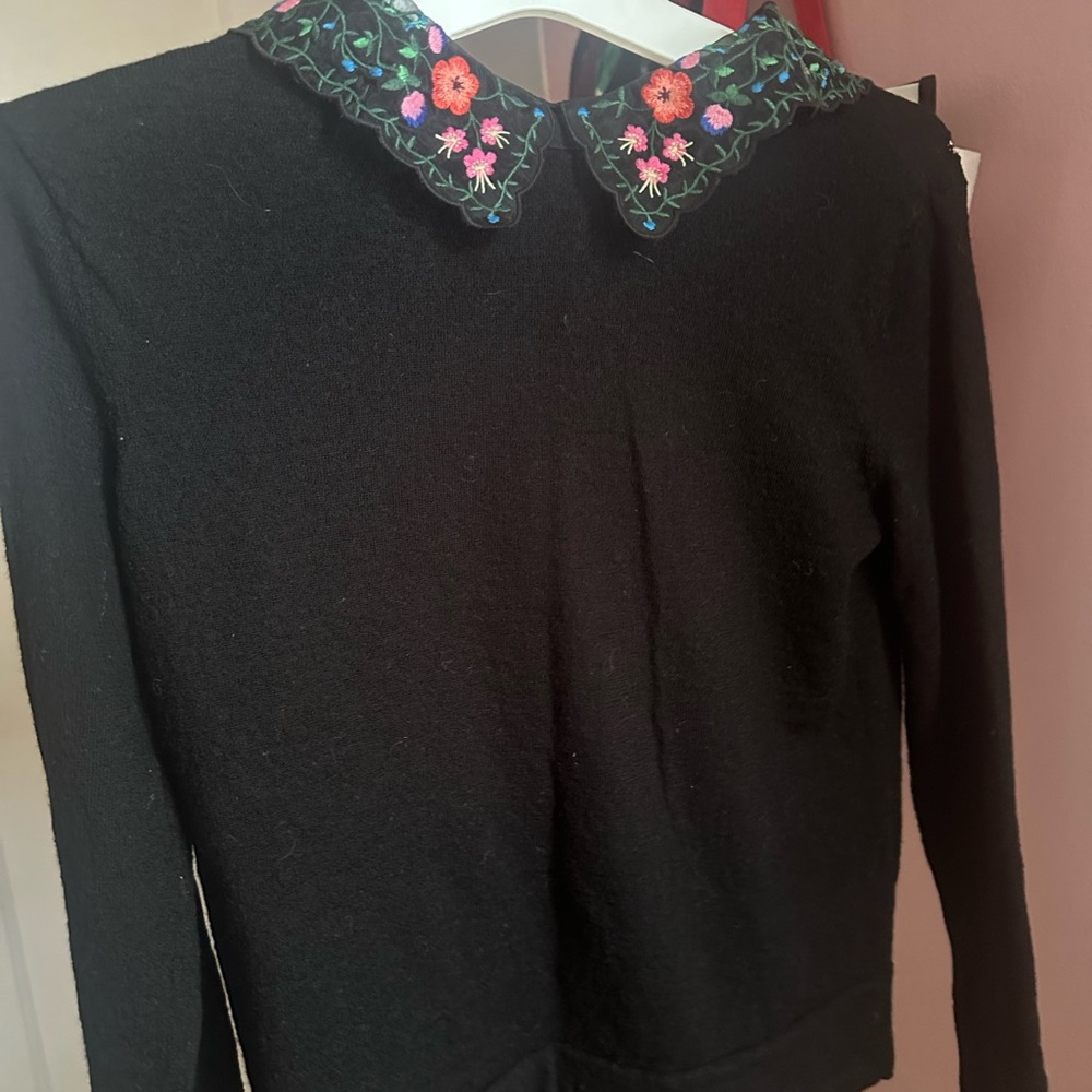 Club Monaco Black Blouse with Floral Collar